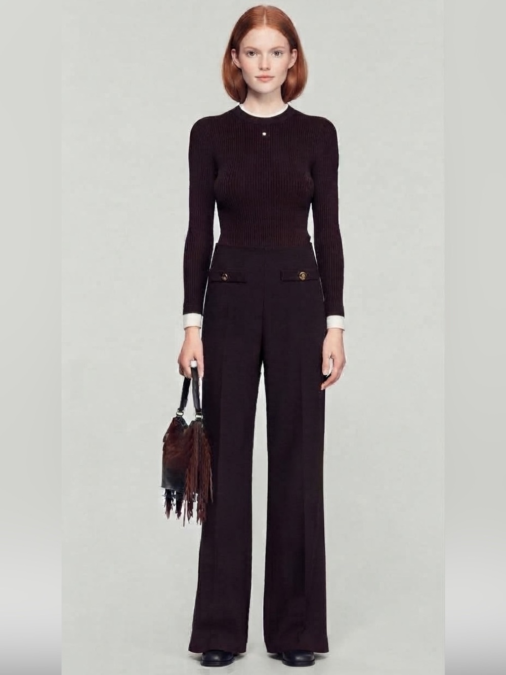 Sandro High-Waisted Flared Wool-Blend Trousers Brown Size 38 US 6